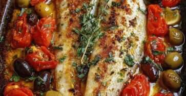 Filets de poisson méditerranéen blanc au four avec tomates cerises rôties, olives vertes et noires, rondelles de citron et herbes fraîches dans un plat méditerranéen