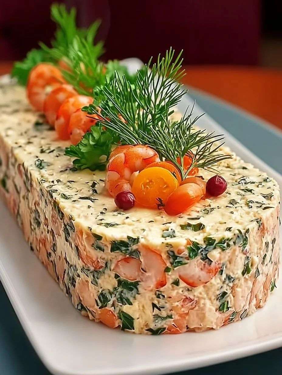 Terrine de saumon et crevettes tranchée, texture fondante rosée avec morceaux visibles de crevettes et herbes fraîches, servie sur un plat élégant