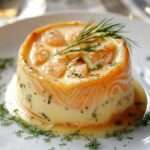Flan de poisson au saumon et colin tranché, texture fondante rosée et blanche marbrée, servi avec sauce citronnée et herbes fraîches