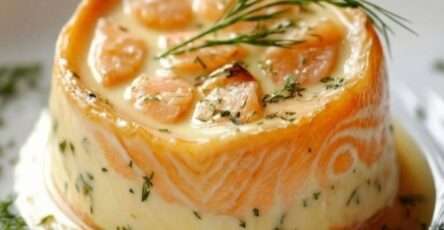 Flan de poisson au saumon et colin tranché, texture fondante rosée et blanche marbrée, servi avec sauce citronnée et herbes fraîches