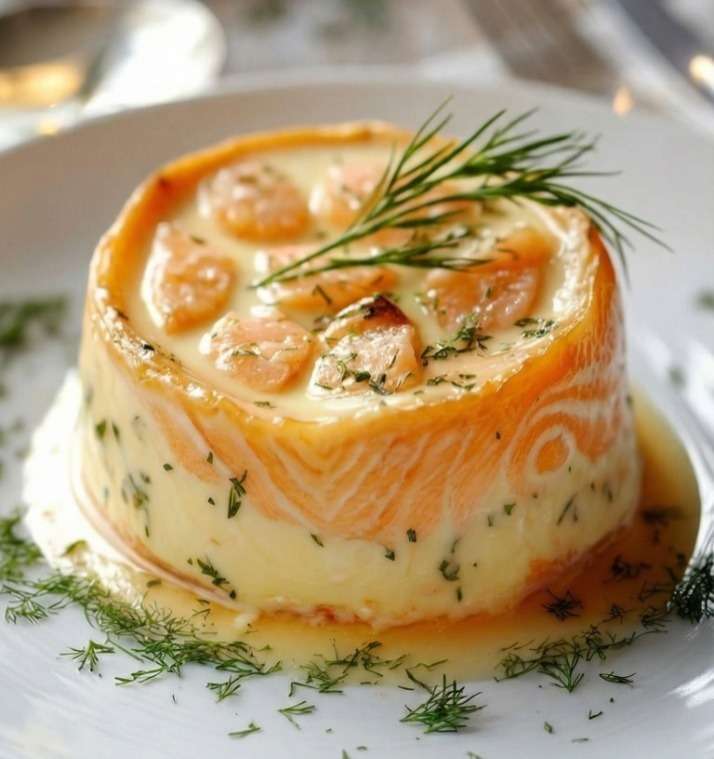 Flan de poisson au saumon et colin tranché, texture fondante rosée et blanche marbrée, servi avec sauce citronnée et herbes fraîches