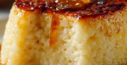 Gâteau de riz au lait caramélisé démoulé sur une assiette, nappé d’un caramel ambré légèrement coulant, texture fondante et surface dorée