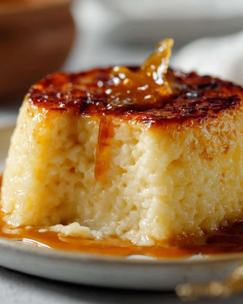 Gâteau de riz au lait caramélisé démoulé sur une assiette, nappé d’un caramel ambré légèrement coulant, texture fondante et surface dorée