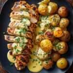 Filet de poulet grillé doré nappé d’une sauce crémeuse aux herbes, servis avec pommes grenaille rôties croustillantes et persil frais