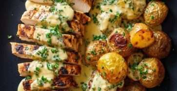 Filet de poulet grillé doré nappé d’une sauce crémeuse aux herbes, servis avec pommes grenaille rôties croustillantes et persil frais