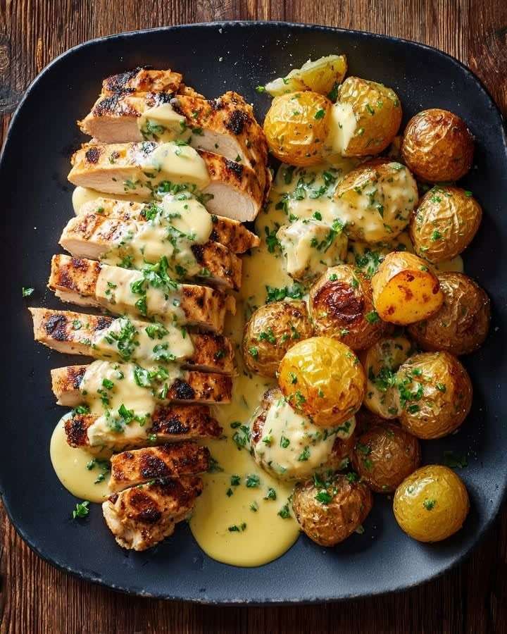 Filet de poulet grillé doré nappé d’une sauce crémeuse aux herbes, servis avec pommes grenaille rôties croustillantes et persil frais
