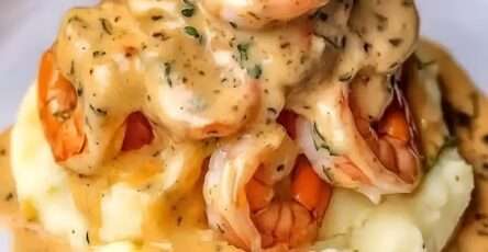 Crevettes à l'ail dorées nappées d’une sauce crémeuse à l’ail et aux herbes, servies sur une purée de pommes de terre lisse et onctueuse