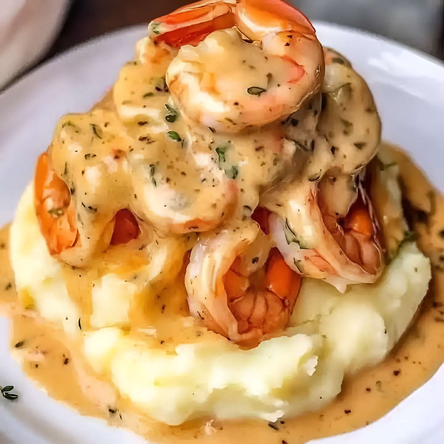 Crevettes à l'ail dorées nappées d’une sauce crémeuse à l’ail et aux herbes, servies sur une purée de pommes de terre lisse et onctueuse
