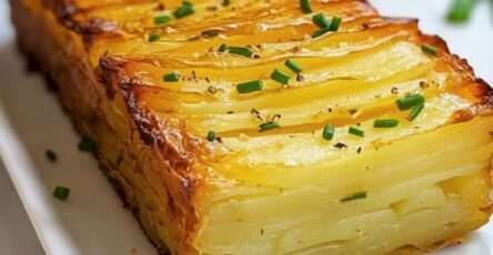Gâteau invisible salé aux fines lamelles de pommes de terre et comté, intérieur fondant et dessus doré légèrement croustillant