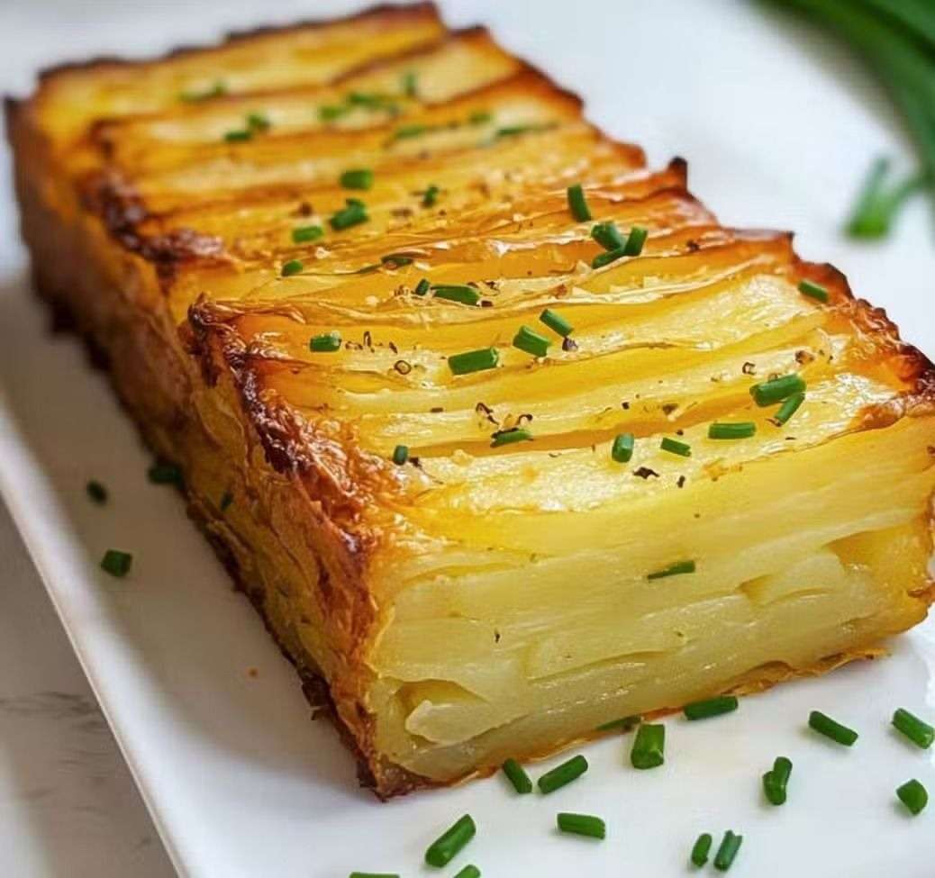 Gâteau invisible salé aux fines lamelles de pommes de terre et comté, intérieur fondant et dessus doré légèrement croustillant