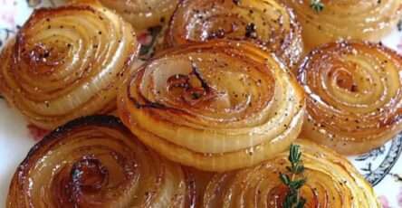 Rondelles épaisses d’oignons rôtis au miel et au thym, dorées et légèrement caramélisées sur une plaque de cuisson