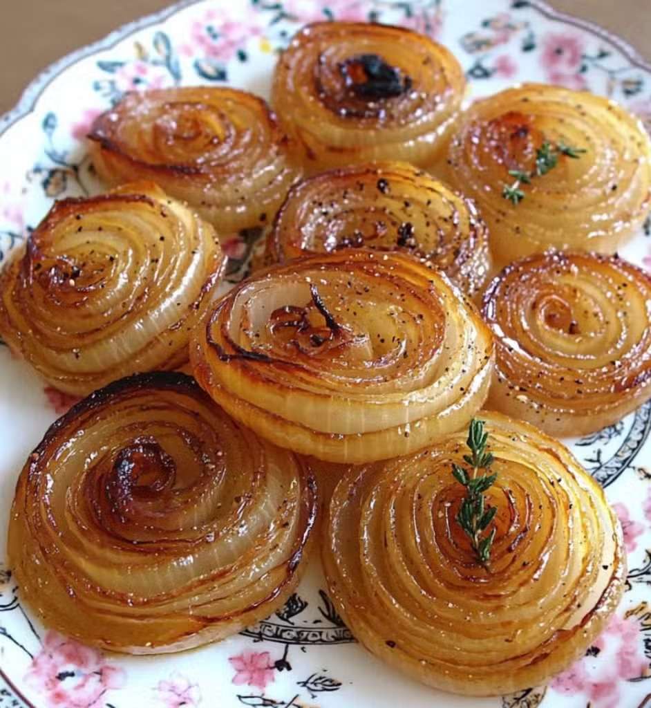 Rondelles épaisses d’oignons rôtis au miel et au thym, dorées et légèrement caramélisées sur une plaque de cuisson