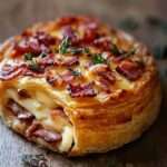 Feuilleté au camembert et lardons doré , pâte feuilletée croustillante ouverte laissant apparaître un fromage coulant et des lardons fumés