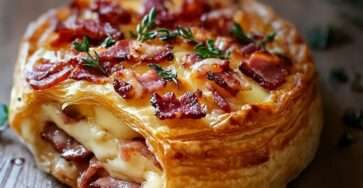 Feuilleté au camembert et lardons doré , pâte feuilletée croustillante ouverte laissant apparaître un fromage coulant et des lardons fumés