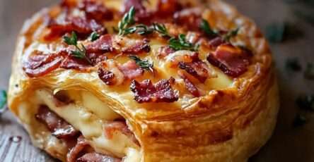 Feuilleté au camembert et lardons doré , pâte feuilletée croustillante ouverte laissant apparaître un fromage coulant et des lardons fumés