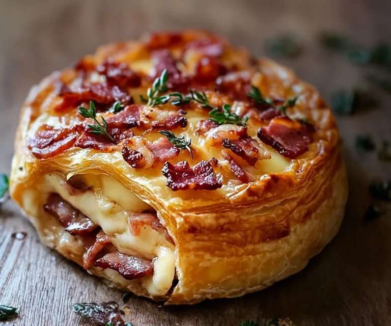 Feuilleté au camembert et lardons doré , pâte feuilletée croustillante ouverte laissant apparaître un fromage coulant et des lardons fumés