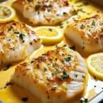 Dos de cabillaud au four nappé d’une sauce crémeuse à la moutarde et au citron, parsemé de persil frais et rondelles de citron