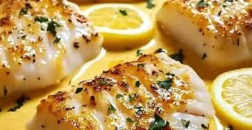 Dos de cabillaud au four nappé d’une sauce crémeuse à la moutarde et au citron, parsemé de persil frais et rondelles de citron