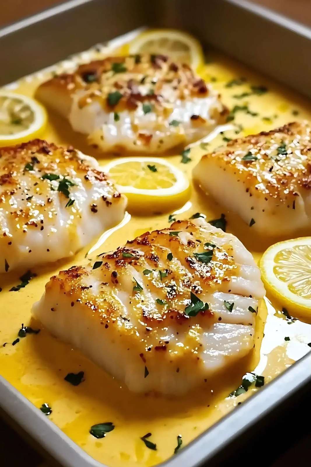 Dos de cabillaud au four nappé d’une sauce crémeuse à la moutarde et au citron, parsemé de persil frais et rondelles de citron