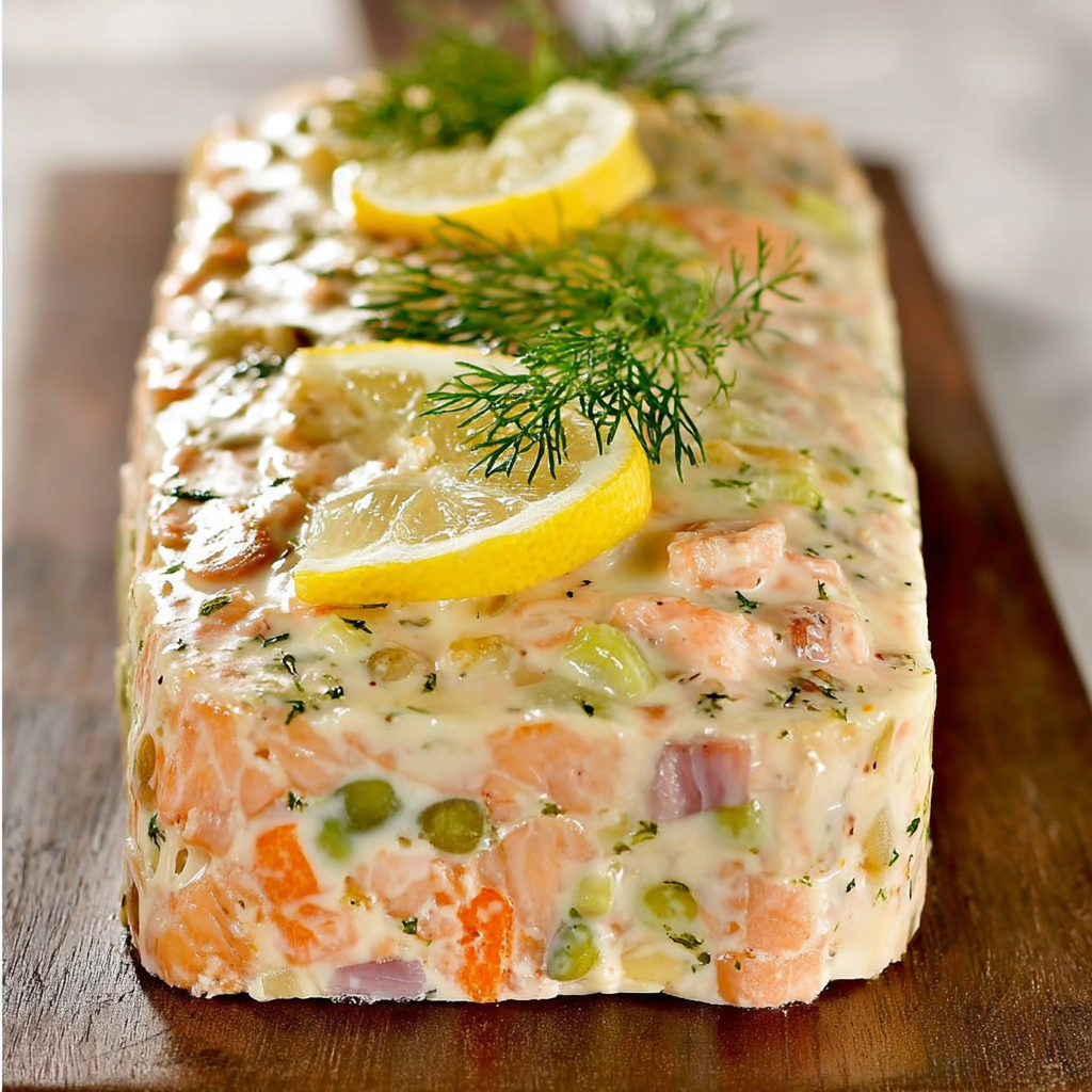 Terrine de poisson froide tranchée, texture fondante, parsemée d’aneth frais et servie avec des rondelles de citron et une sauce citronnée.