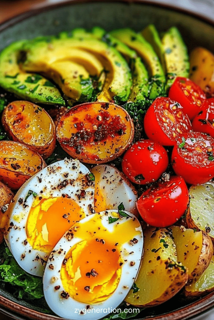 Bowl de légumes rôtis coloré, pommes de terre dorées, œufs mollets, avocat tranché et tomates cerises sur lit de verdure fraîche.