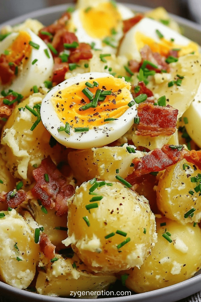 Salade de pommes de terre grenaille aux œufs durs et lardons croustillants, liée à la mayonnaise et parsemée de ciboulette fraîche.