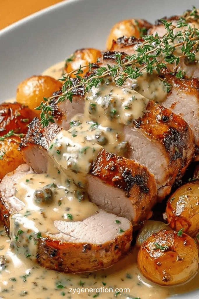 Filet mignon de porc rôti tranché, nappé de sauce moutarde ancienne crémeuse, servi avec pommes de terre grenaille dorées au four.