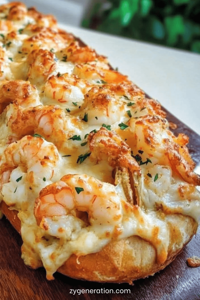 Baguette gratinée croustillante garnie de crevettes, crème onctueuse et fromage fondu doré, servie chaude avec herbes fraîches.