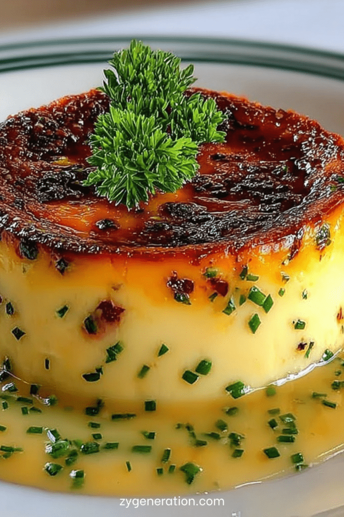 Flan de crabe démoulé, texture lisse et fondante, nappé d’une sauce crémeuse à la ciboulette, servi chaud dans une assiette élégante.