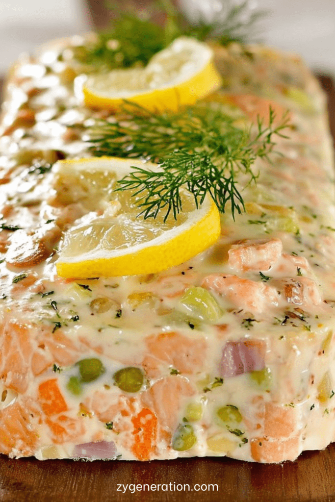 Terrine de poisson froide tranchée, texture fondante, parsemée d’aneth frais et servie avec des rondelles de citron et une sauce citronnée.