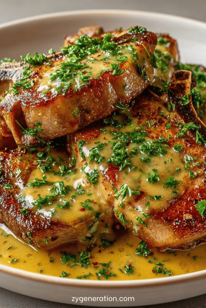 Côtes de porc dorées nappées de sauce charcutière onctueuse au vin blanc et moutarde, parsemées de persil frais et servies chaudes.