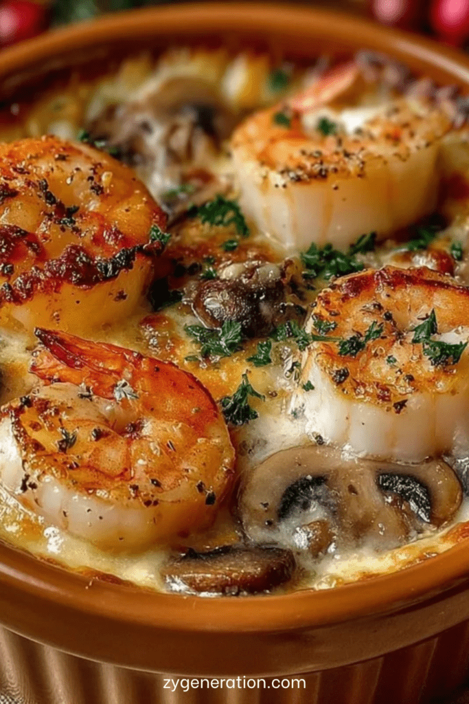 Cassolettes individuelles garnies de Saint-Jacques dorées, crevettes fondantes et champignons à la crème, légèrement gratinées et servies chaudes.