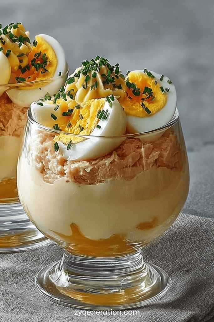 Verrines thon aux œufs mimosa avec crème mayonnaise et ciboulette fraîche.