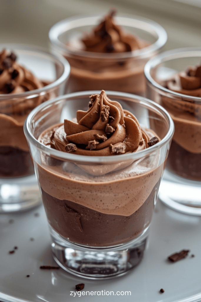 Verrines de mousse au chocolat noir onctueuse, texture aérienne et brillante, décorées de copeaux de chocolat sur le dessus dans des verres transparents.
