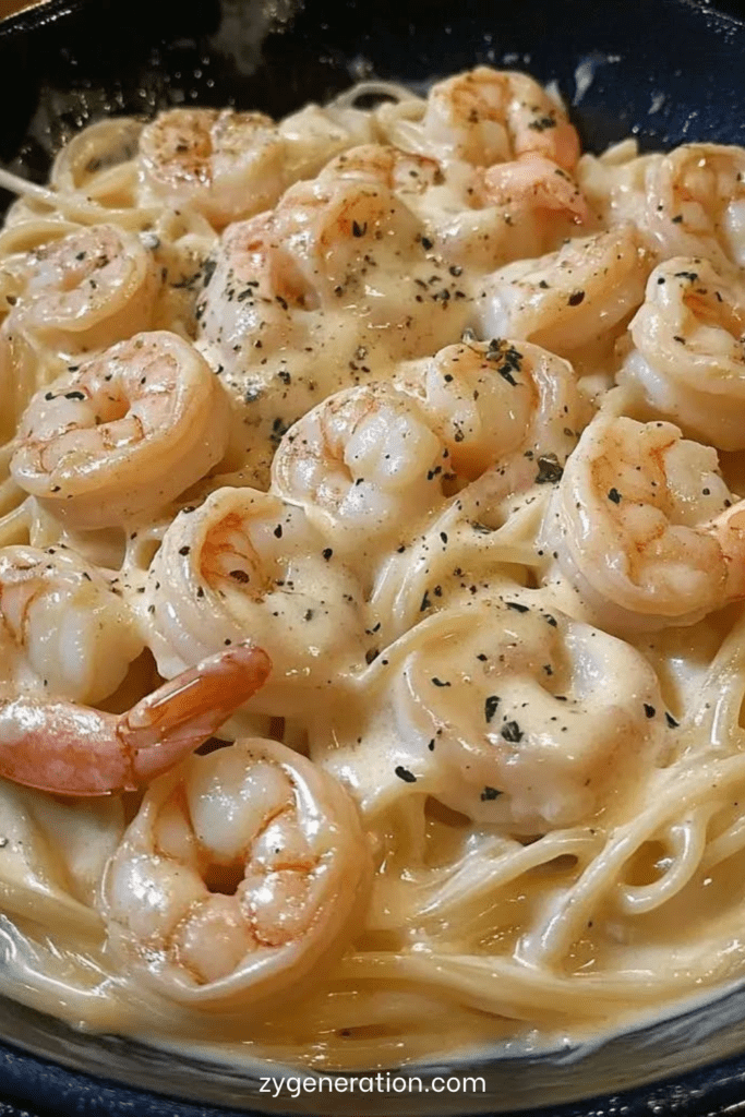 Assiette de fettuccine aux crevettes nappées de sauce Alfredo crémeuse au parmesan, parsemées de persil frais et servies chaudes.
