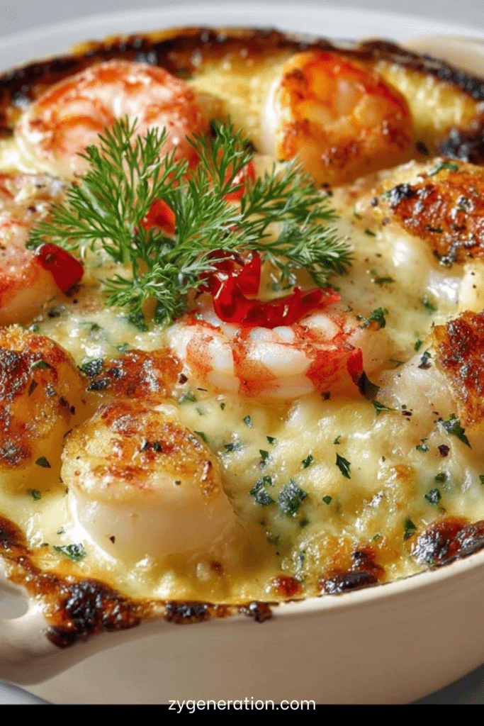 Cassolette individuelle de fruits de mer gratinée au four, contenant noix de Saint-Jacques, crevettes et moules nappées d’une sauce crémeuse dorée au fromage.