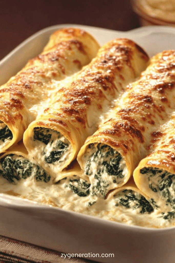 Plat de cannellonis ricotta épinards nappés de béchamel et gratinés au fromage, surface dorée et fondante, servi chaud en plat rectangulaire.