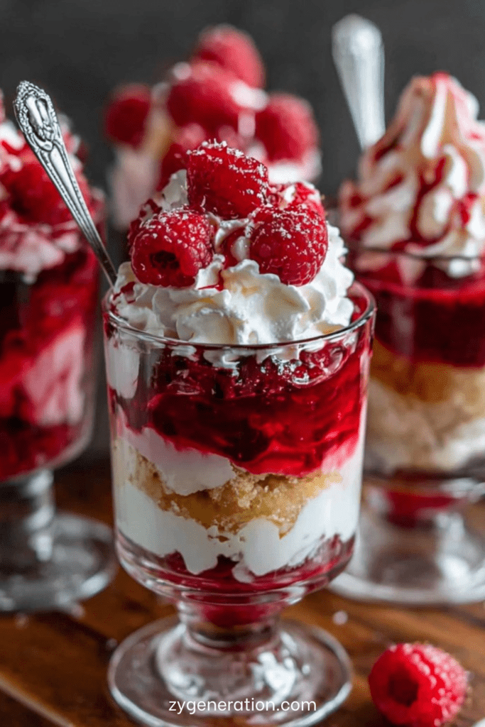 Verrines en verre composées de couches de crème vanillée, biscuits sablés émiettés, gelée de framboise et framboises fraîches entières sur le dessus.