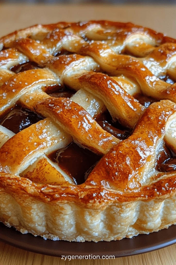 Tarte feuilletée aux pommes et caramel avec treillis doré sur le dessus, garniture fondante visible entre les croisillons, servie tiède sur un plat rond.