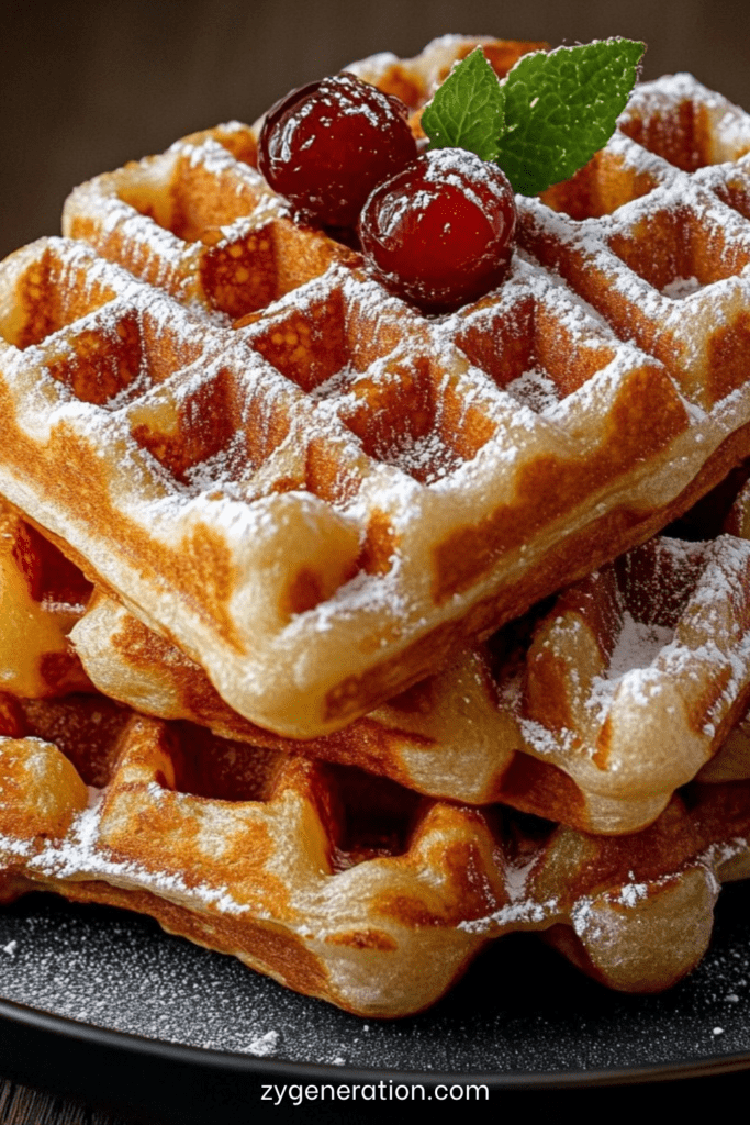Gaufres croustillantes maison empilées, garnies de cerises fraîches, feuilles de menthe et saupoudrées de sucre glace, servies chaudes sur une assiette blanche.