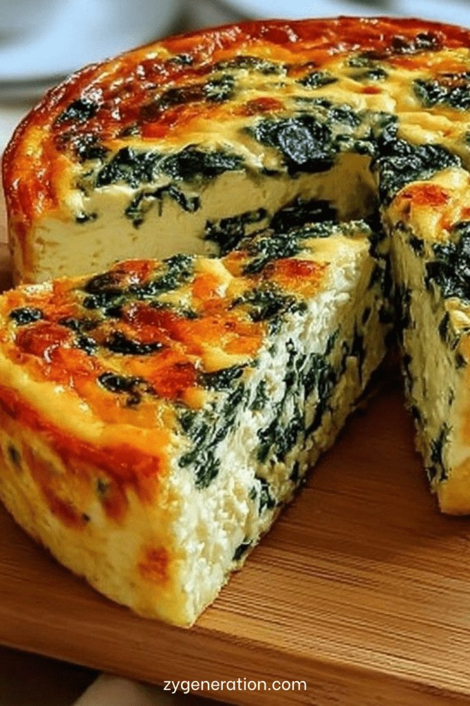 Gâteau salé aux épinards sans pâte, texture fondante et dorée sur le dessus, tranché et servi sur une assiette avec une salade verte en accompagnement.