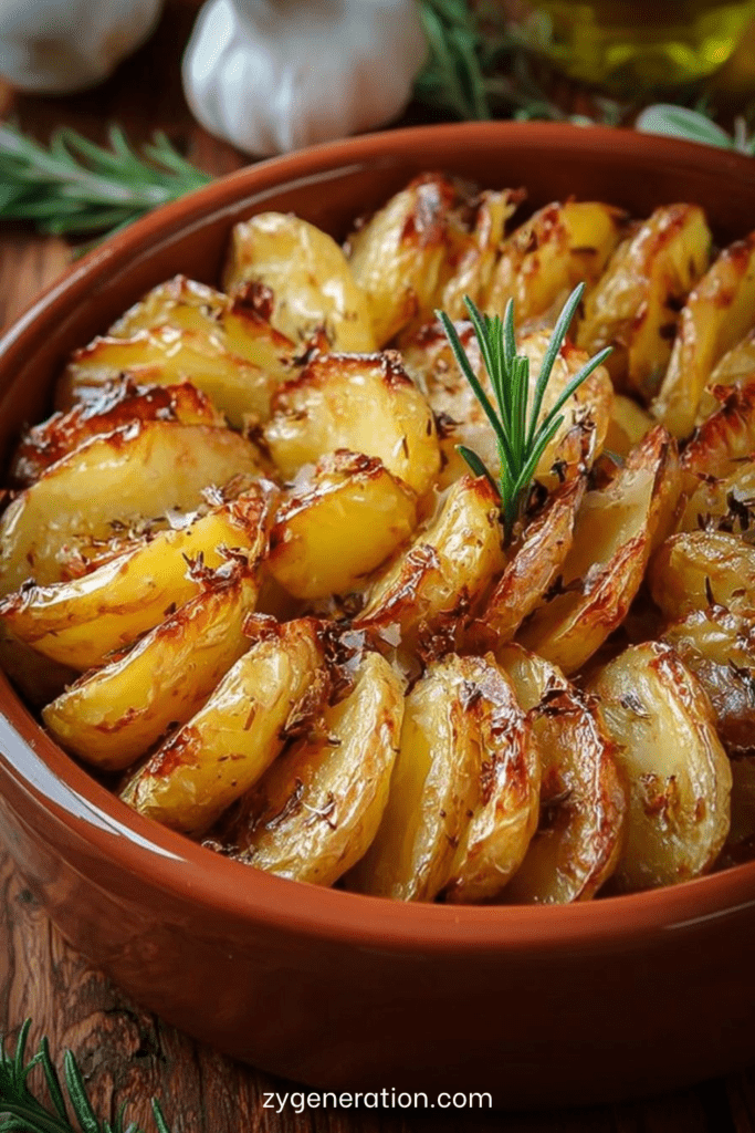 Pommes de terre rôties au four coupées en quartiers, dorées et croustillantes, parfumées au romarin et à l’ail, servies sur une plaque de cuisson.