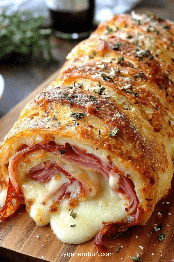 Roulé feuilleté jambon fromage tranché, pâte dorée et croustillante, fromage fondu visible à l’intérieur, servi tiède sur une planche.