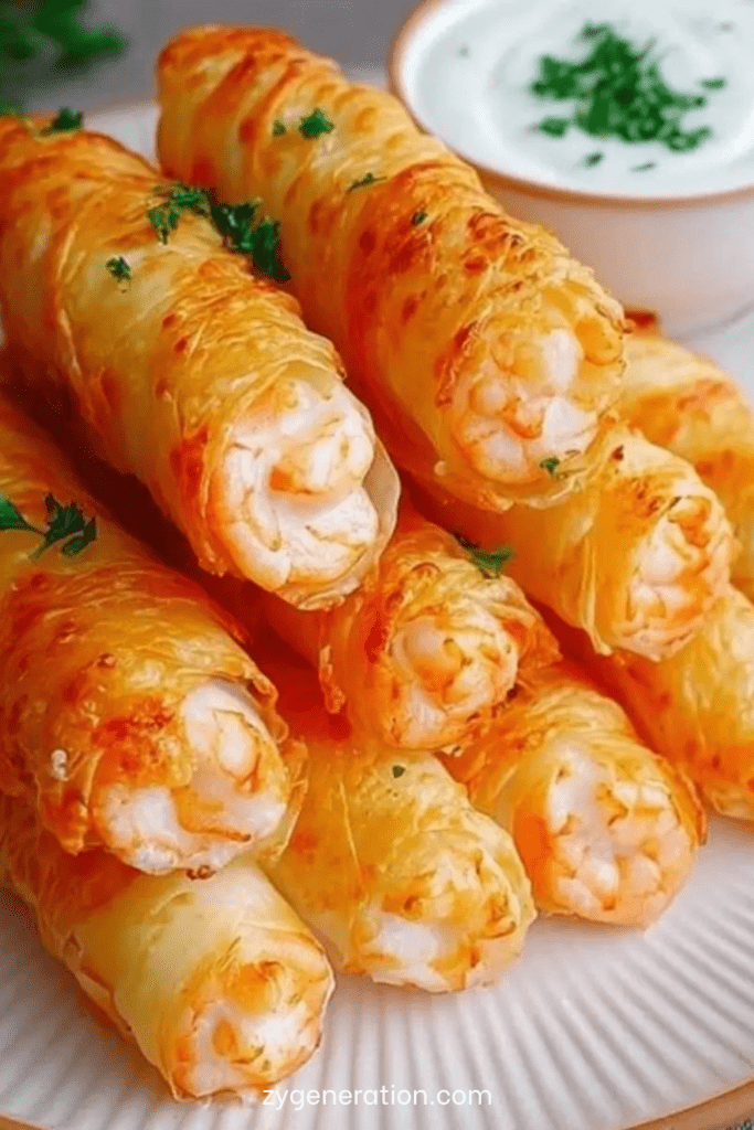 Cigares croustillants aux crevettes dorés et croustillants, servis chauds sur une assiette avec sauce au yaourt citronnée et persil frais.