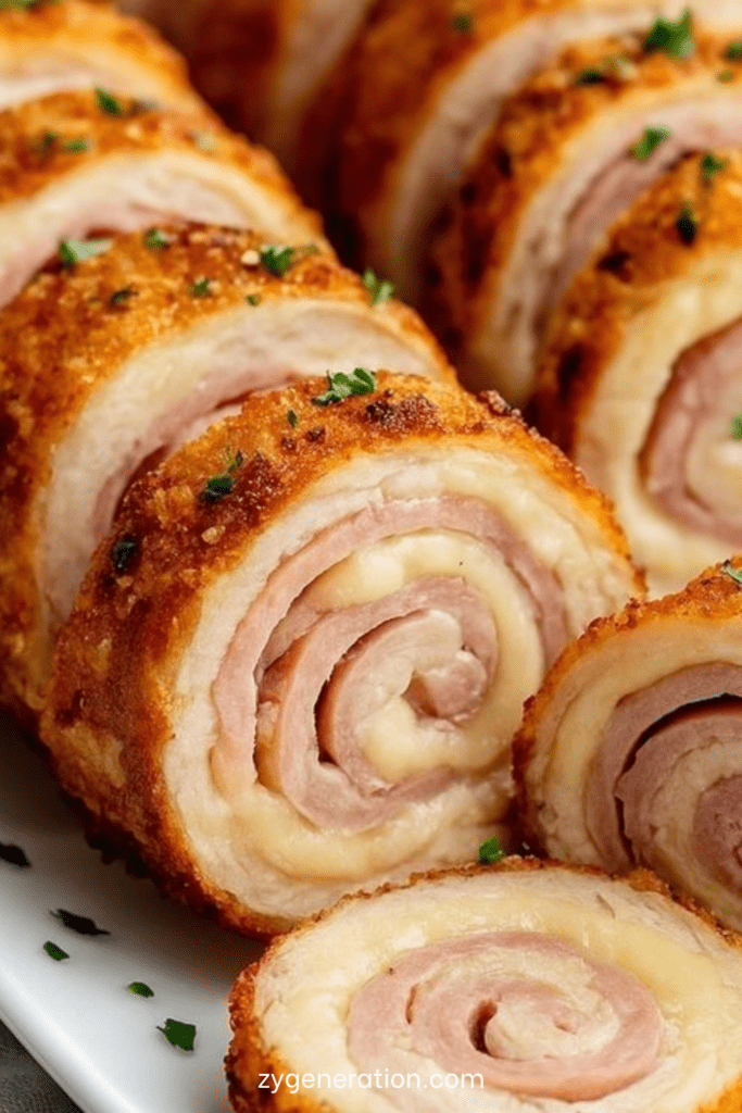 Roulé de poulet pané tranché, révélant une spirale de jambon et fromage fondant, panure dorée et croustillante, servi avec persil frais.