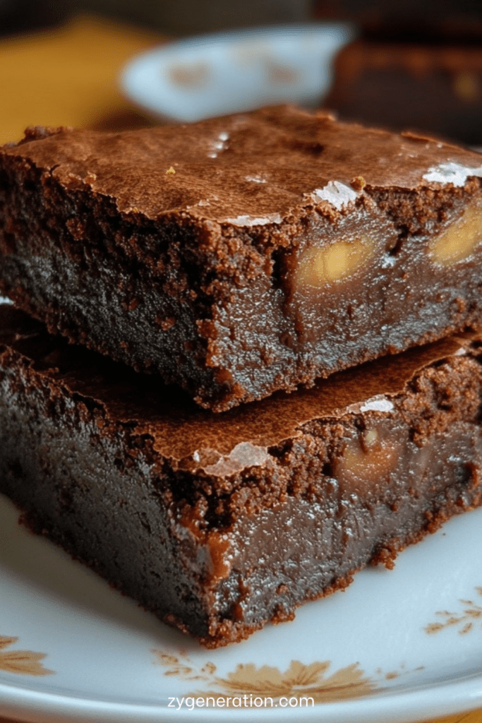 Carrés de brownies sans sucre au chocolat noir intense avec cœur au caramel fondant visible à la découpe, surface légèrement craquelée et texture dense et moelleuse, présentés sur une planche en bois.