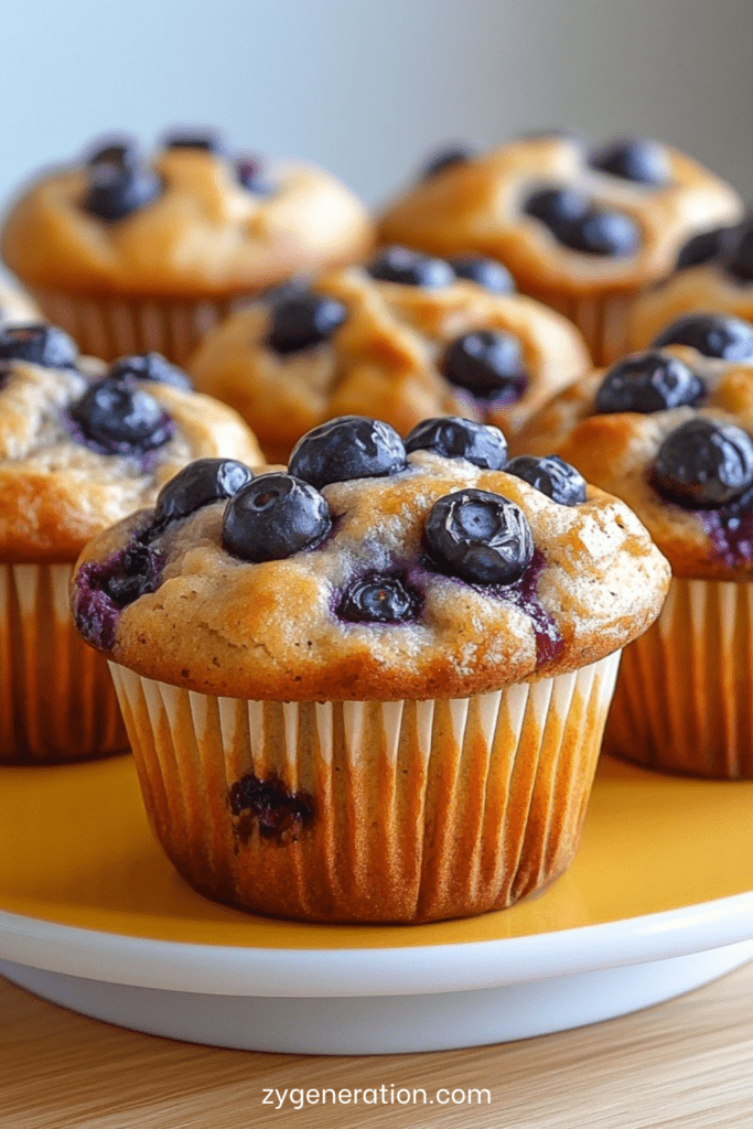 Muffins sans sucre aux myrtilles, texture moelleuse et légèrement dorée, myrtilles éclatées visibles à la surface, présentés dans des caissettes en papier sur une grille de refroidissement.