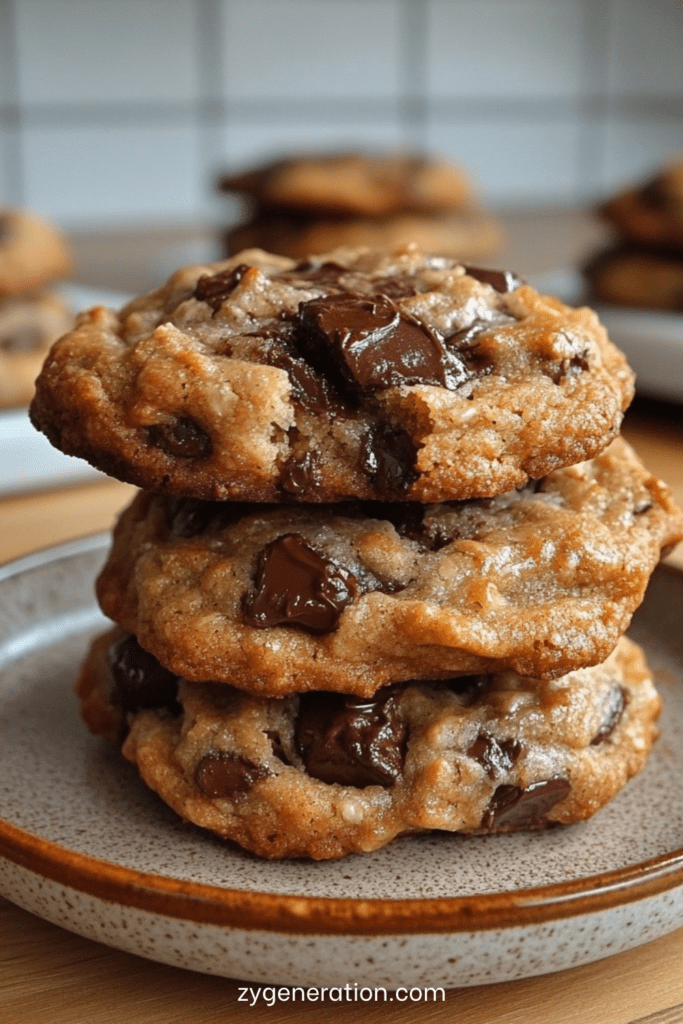 Cookies sans sucre aux pépites de chocolat noir 85 %, texture dorée et légèrement craquelée, bords croustillants et centre fondant, pépites visibles en surface sur une plaque recouverte de papier cuisson.