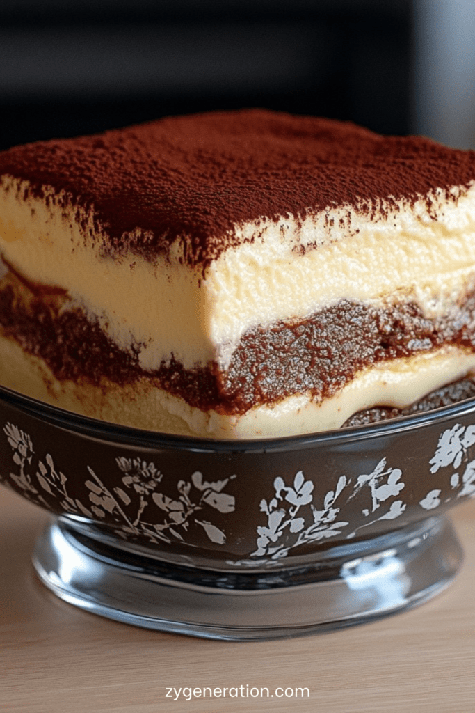 Part de tiramisu sans sucre ajouté avec couches visibles de biscuits imbibés de café et crème mascarpone onctueuse, surface généreusement saupoudrée de cacao amer non sucré.