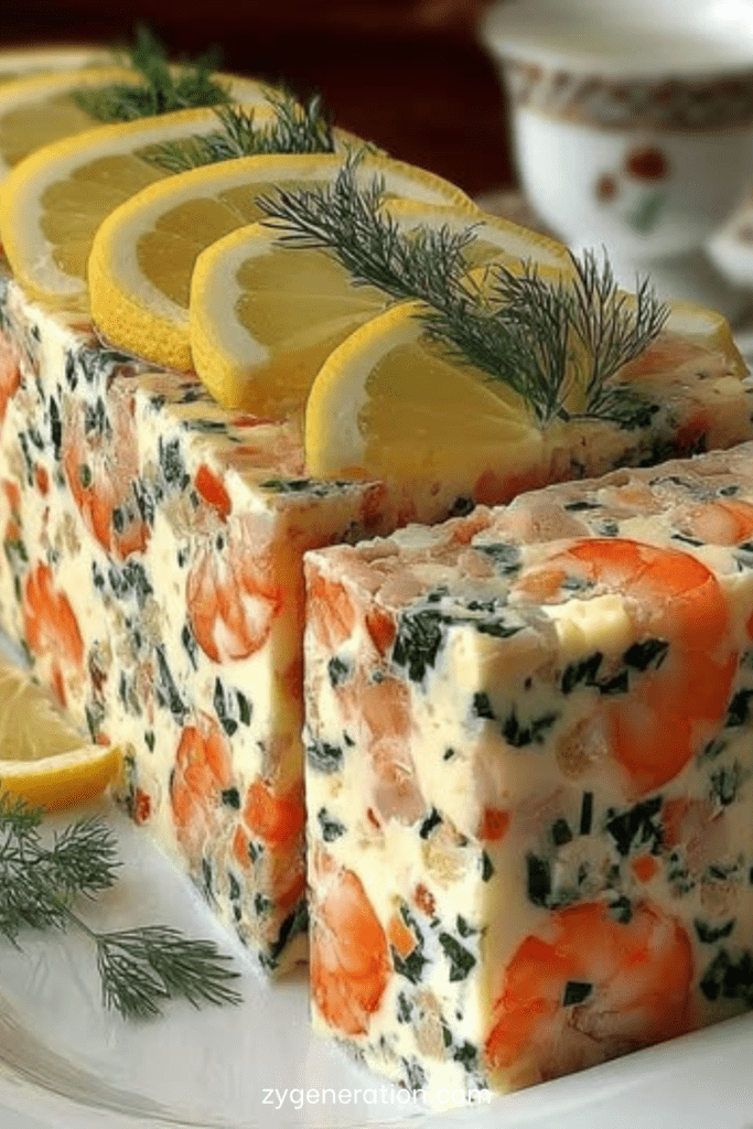 Tranches de terrine crémeuse aux crevettes roses et herbes fraîches, texture lisse et fondante, décorée de rondelles de citron et pluches d’aneth, servie sur un plat blanc.